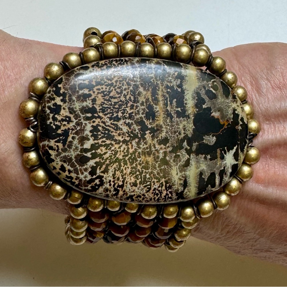 Artisan Vintage Chunky Center Agate Stone~Tiger Eye~Brass beads~Sterling Silver